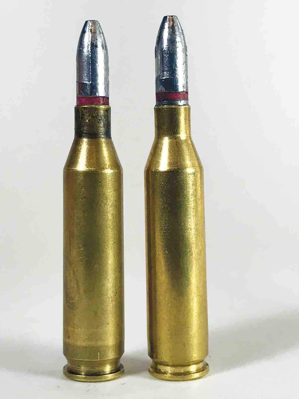 A small adjustment in cast bullet seating depth makes a world of difference in accuracy. The .243 Winchester cartridge (right) has an overall length of 2.686 inches that jams the bullet into the rifling of a Cooper Model 22 .243, with poor resulting accuracy. A slightly shorter cartridge length of 2.6530 inches (left) provided much better accuracy.